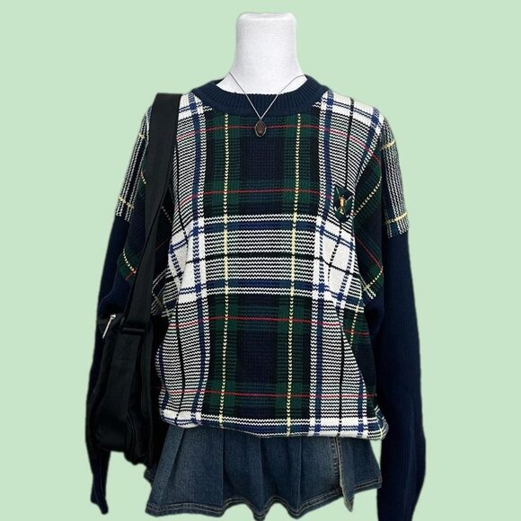 vintage 90s plaid indie preppy academia chunky cotton knit sweater - Picture 1 of 8